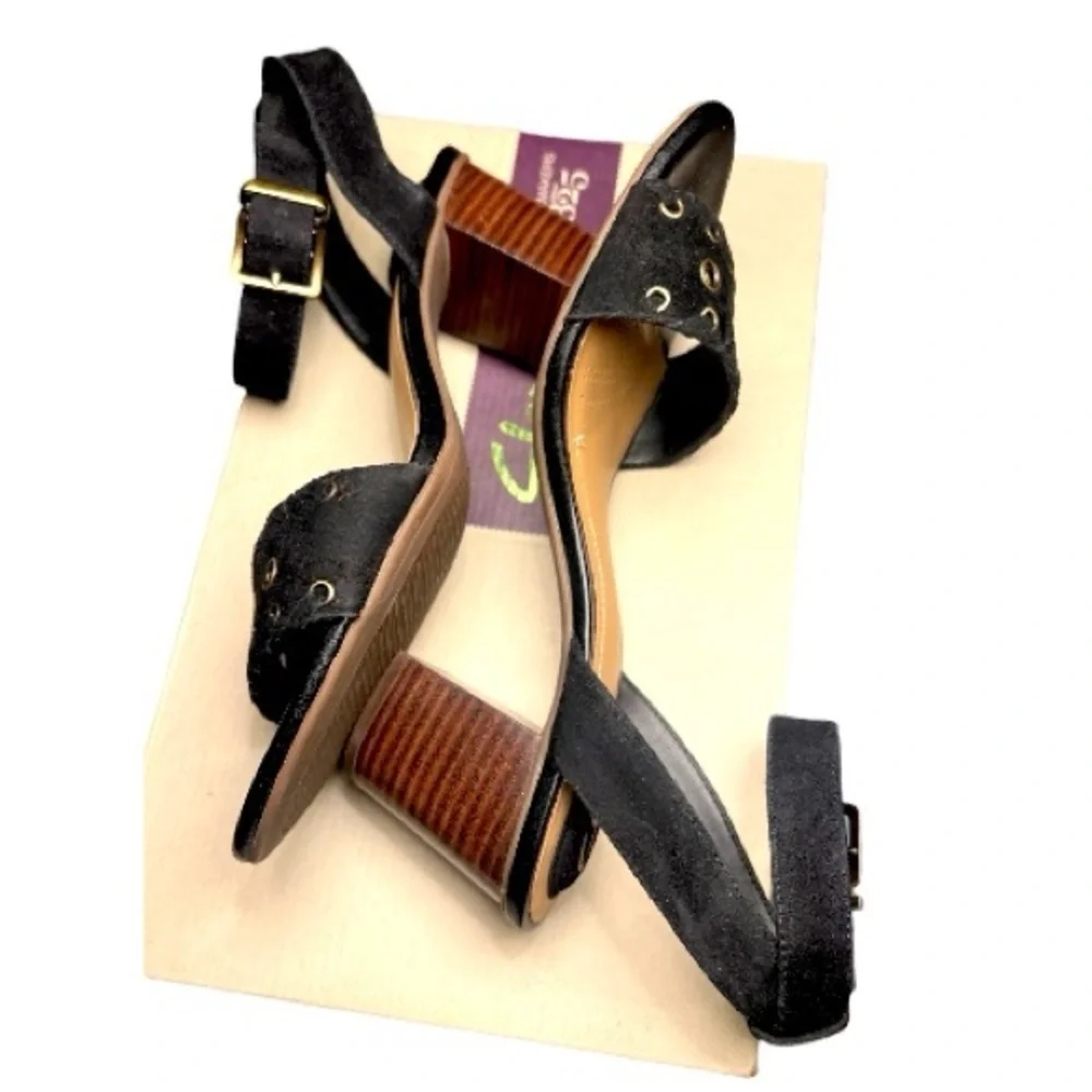 Womens Clarks Artisan Ralene Black Suede Ankle Strap Block Heel Sandals Size 7.5